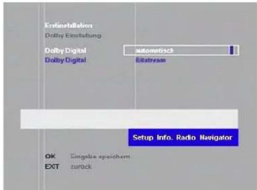 Erbinetallation Dolby Einstellung Dolby Digital Dolby Digital automatisch Einstream Setup Info. Radio Navigator OK: Lingabe speichem EXT: zurück