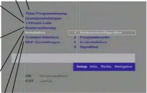 Tieser Programmeiswieg Grundenspezüttungen TV/Blade-Late Kindewichtung Installations Common Interface MHP-Einflüssungen 1. Antennentvergposition 2. Programmeische 3. Euroinstallieren 4. Signaltest Setup info Radio Navigator OK: Minderabwechsel EXIT: verbind
