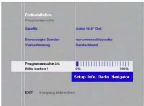 Ertragablation Programmeuche Sabitit Astra 19.2" Ost Bevorzeugte Sender nur umverschlöseite Vorsartierung Deutschland Programmeuche 5% Bittie warten! 0% 100% Setup Info. Radio Navigator EXIT Vorgeng abbrechen