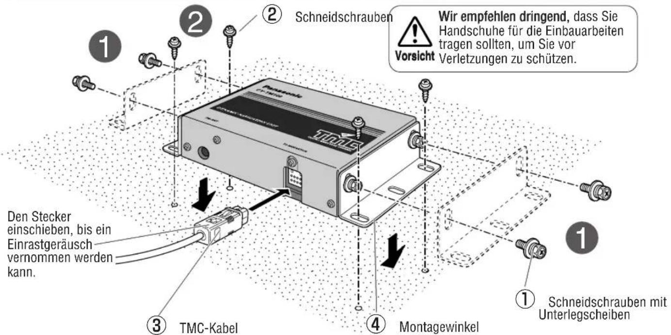 Schneidschrauben Wir empfehlen dringend, dass Sie Handschuhe für die Einbauarbeiten tragen sollten, um Sie vor Verletzungen zu schützen. Vorsicht Den Stecker einschieben, bis ein Einrastgeräusch vernommen werden kann. TMC-Kabel Montagewinkel 1 1 2 3 4 1 Schneidschrauben mit Unterlegscheiben