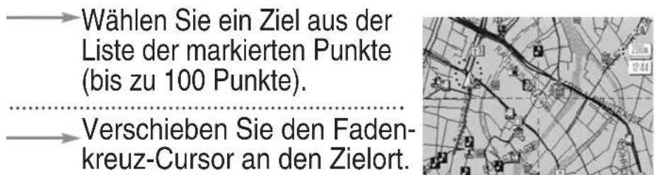 Wählen Sie ein Ziel aus der Liste der markierten Punkte (bis zu 100 Punkte). Verschieben Sie den Faden- kreuz-Cursor an den Zielort.