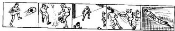 Sequence of five cartoon illustrations showing a soccer match with ball, kicking, passing, and kickingboard, ending in a goalpost.