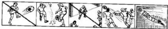 Sequence of five illustrated sports illustrations showing a player kicking a soccer ball, passing through a goal, playing a badminton racket, and shooting a shot.