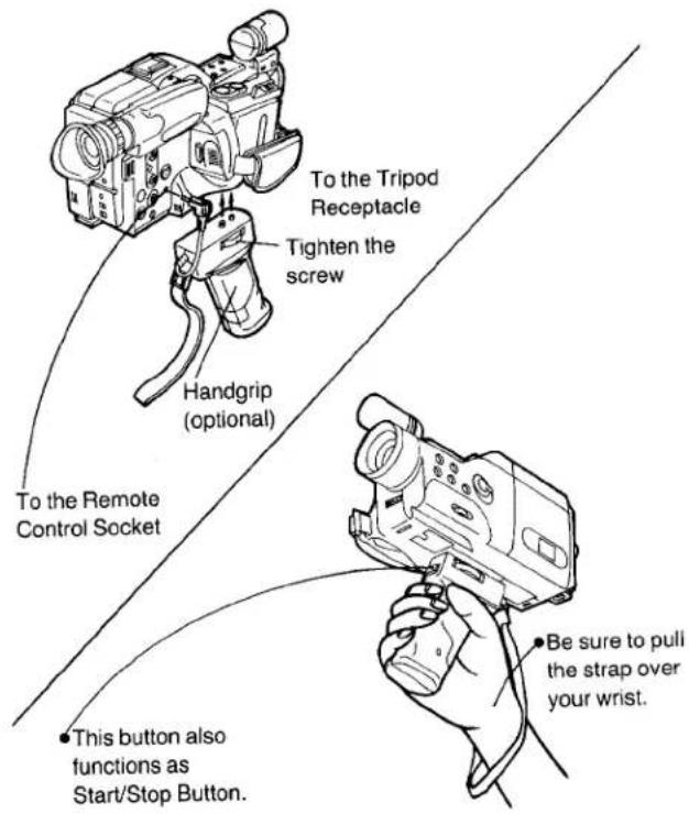 To the Tripod Receptacle Tighten the screw Handgrip (optional) To the Remote Control Socket This button also functions as Start/Stop Button. Be sure to pull the strap over your wrist.