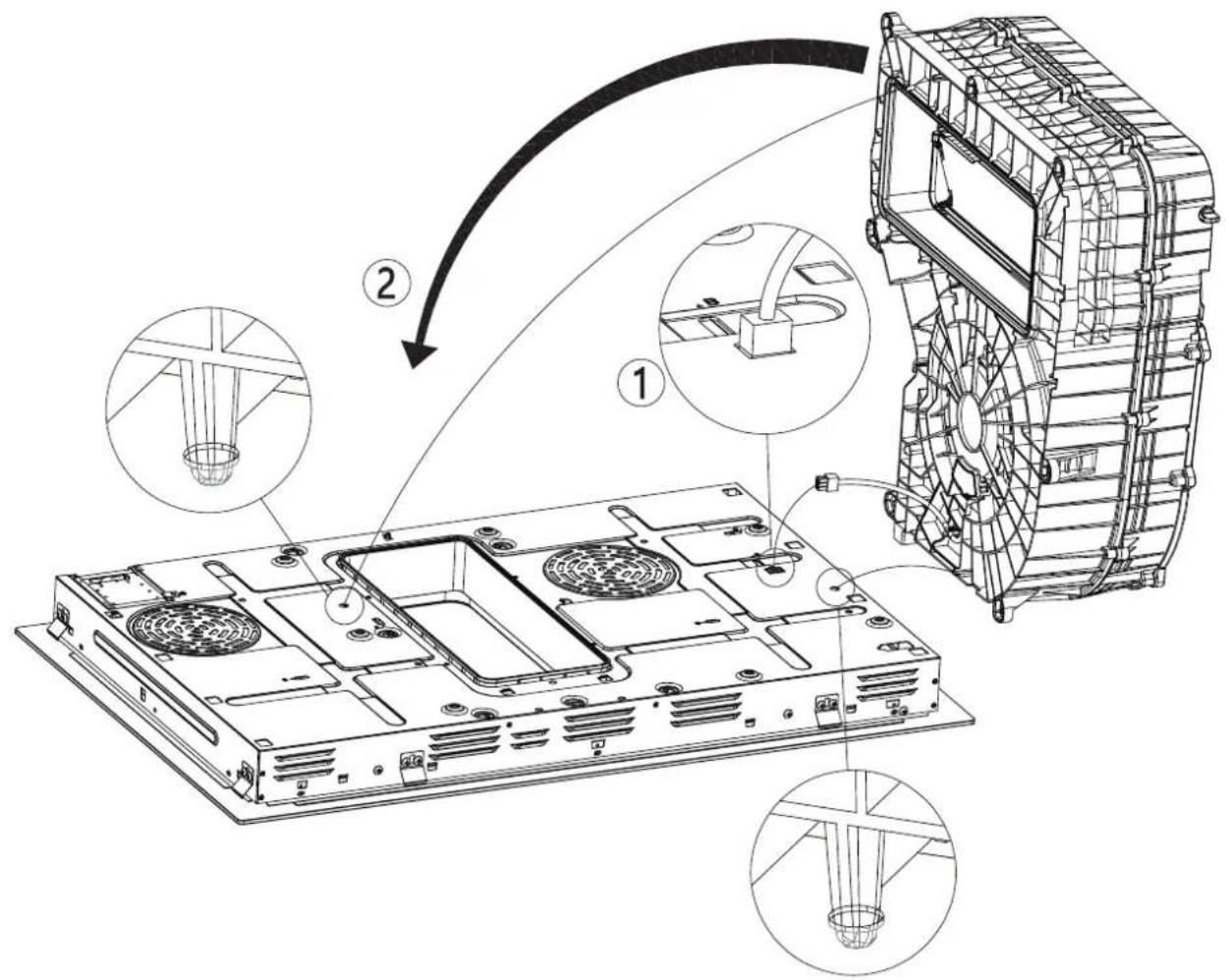 Technical diagram illustrating assembly steps of a mechanical component with labeled parts and numbered annotations