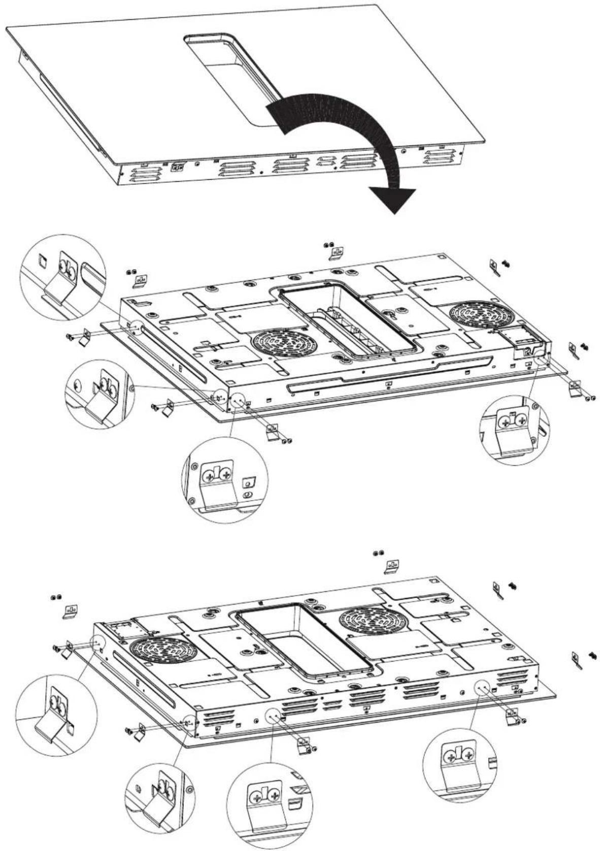 Technical diagram showing exploded view of a computer drive chassis with labeled components and a curved arrow indicating rotation or assembly.