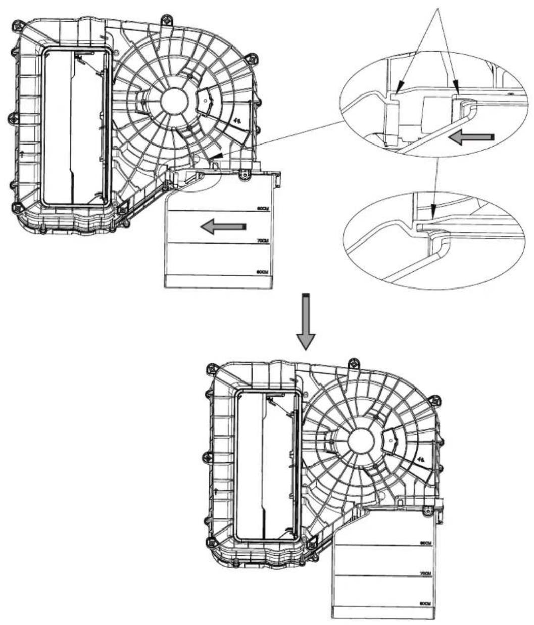 Technical diagram illustrating the assembly of a fan-shaped mechanical component, showing internal structure and cross-sections with dimension annotations.