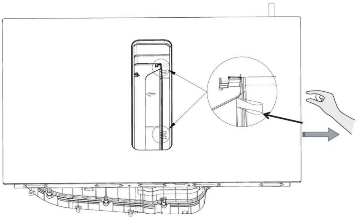 Technical diagram showing a device with internal components and a hand gesture, including an inset close-up of the component.