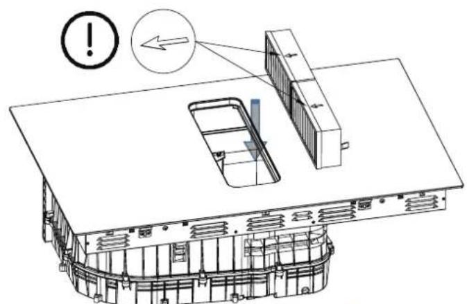 Technical diagram of a vehicle or enclosure with warning symbol and labeled components, including a warning icon and directional arrow.