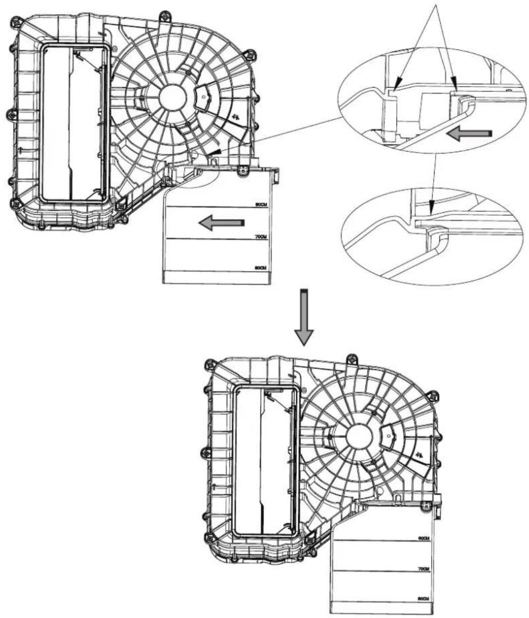 Technical diagram illustrating the assembly of a fan structure with labeled components and directional arrows indicating assembly steps.
