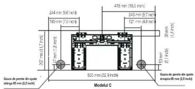 244 mm (9.6 inch) 190 mm (7.6 inch) 418 mm (16.5 inch) 246 mm (9.7 inch) 121 mm (4.8 inch) 36 mm (1.4 inch) 287 mm (11.7 inch) 47 mm (1.8 inch) 53 mm (2.1 inch) Gaura de perete din spalte stänga 85 mm (2.5 inch) 835 mm (82.9 inch) Gaura de perete din spalte dreapta 65 mm (2.5 inch) Modelul C