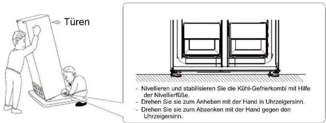 Türen - Nivellieren und stabilisieren Sie die Kühl-Gefrierkombi mit Hilfe der Nivellierfüße. - Drehen Sie zum Anheben mit der Hand in Uhrzeigersinn. - Drehen Sie zum Absenken mit der Hand gegen den Uhrzeigersinn.