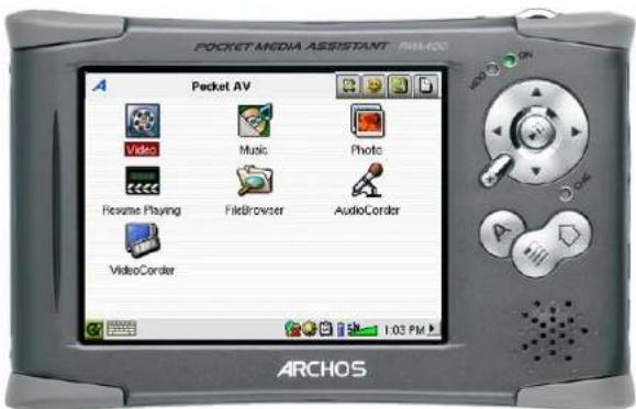 POCKET ARidia ASSISTANT PCI-400 Packet AV Video Music Photo Resume Playing File Browser Audio Recorder Video Recorder 1:03 PM ARCHOS
