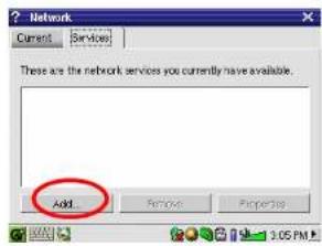 Network. Current Services: These are the network services you currently have available. Add, Remove, Properties. 3:05 PM.