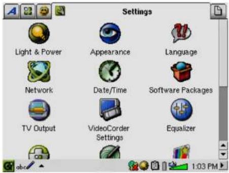 Settings: Light & Power, Appearance, Language, Network, Date/Time, Software Packages, TV Output, VideoCorder Settings, Equalizer.