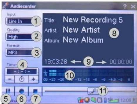 Audio recorder Input Line In Quality High Format MP3 Timer 1 2 3 4 5 6 7 Title: New Recording 5 Artist: New Artist Album: New Album 19:03:28 ← 9 → 00:00:00 10 ds -25 -20 -12 -10 -8 -6 -4.5 -3 0 11