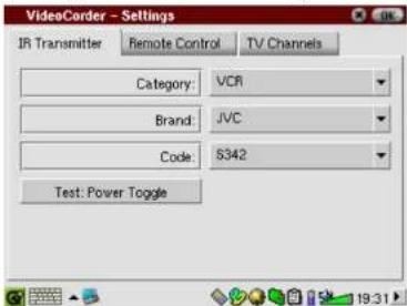 VideoCorder - Settings IR Transmitter Remote Control TV Channels Category: VCR Brand: JVC Code: S342 Test: Power Toggle