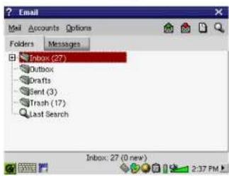 Email Mail Accounts Options Folders Messages Inbox (27) Outbox Drafts Sent (3) Trash (17) Last Search Inbox: 27 (0 new) 2:37 PM