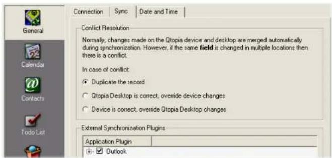 Connection Sync Date and Time. General, Calendar, Contacts, Todo List, Conflict Resolution. Normally, changes made on the Qtopia device and desktop are merged automatically during synchronization. However, if the same field is changed in multiple locations then there is a conflict. In case of confli…