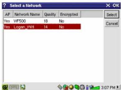 Select a Network. AP, Network Name, Quality, Encrypted. Yes WF500 18 No, Yes Logan_Wfi 14 No. Select, Cancel. 3:07 PM.
