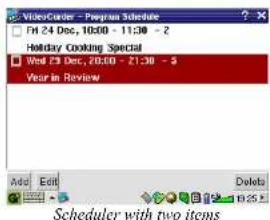 Video Custer - Program Schedule FH 24 Dec, 10:00 - 11:00 - 2 Holiday Cooking Special Wed 23 Dec, 20:00 - 21:00 - 3 Year in Review Add Edit Delete Scheduler with two items