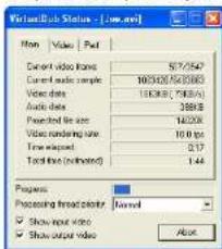 VirtualBus Status - [my.wt] Non Media Put Current video frame 57/2547 Current audio sample 100/320/82/083 Video data 16/08/7 (7/08/5) Audio data 399/8 Processed file size 16/20K Video rendering time 10.0 fps Time output 0:17 Total line (inferred) 1:44 Progress: Processing thread priority Amount Show…
