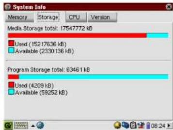 | Category | Status | Value (kB) | | :--- | :--- | :--- | | Media Storage | Used | 15217636 | | Media Storage | Available | 2330136 | | Program Storage | Used | 4209 | | Program Storage | Available | 59252 |