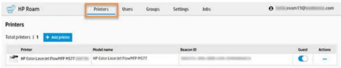 HP Roam Printers Users Groups Settings Jobs roam19@------com Printers Total printers | 1 + Add printer Printer Model name Beacon ID Guest Actions HP Color LaserJet FlowMFP MS77 HP Color LaserJet FlowMFP MS77