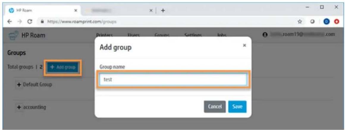 HP Roam https://www.roamprint.com/groups HP Roam Groups Total groups | 2 + Add group + Default Group + accounting Printers Itears Groups Settings Inhs Add group Group name test Cancel Save