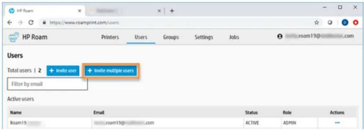 HP Roam https://www.roamprint.com/users HP Roam Printers Users Groups Settings Jobs roam19@ Users Total users | 2 + Invite user + Invite multiple users Filter by email Active users Name Email Status Role Actions Roam19 roam19@_com ACTIVE ADMIN ...