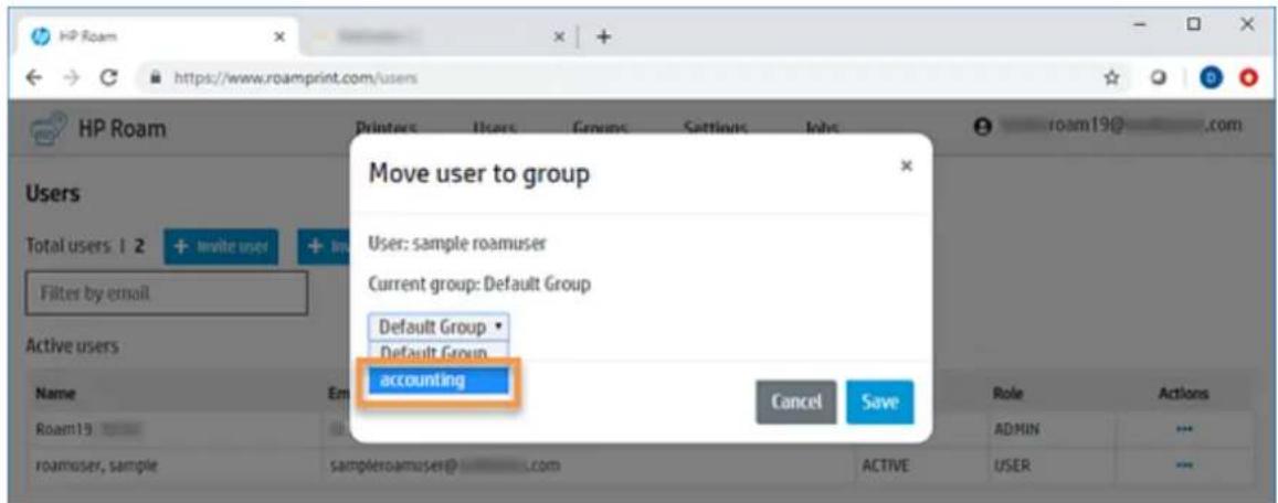 HP Roam https://www.roamprint.com/users HP Roam Users Total users: 1 2 + invite user + in Filter by email Active users Name Em Roam19 roamuser, sample sampleroamuser@_com Move user to group User: sample roamuser Current group: Default Group Default Group Default Group accounting Cancel Save Role Actions ADMIN ... USER ...