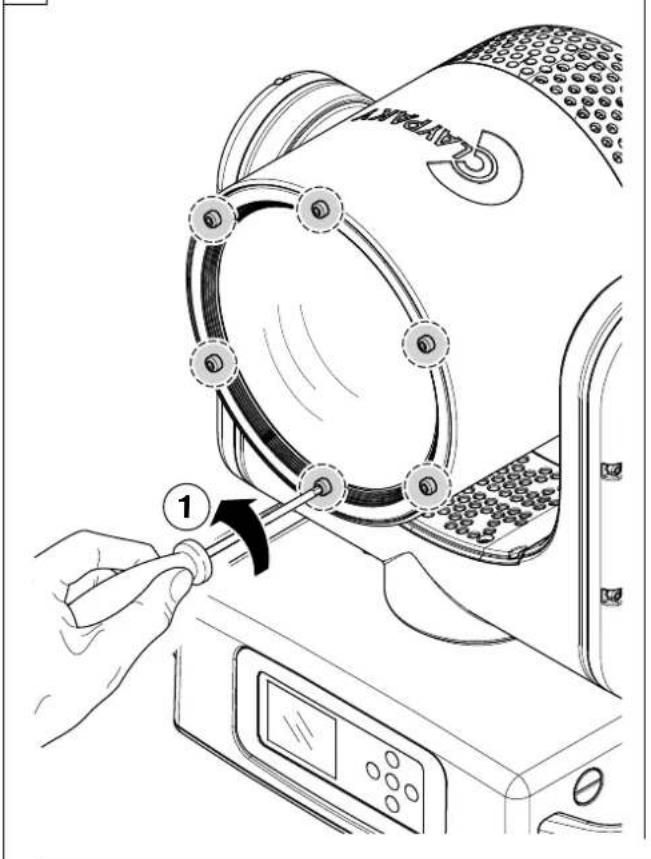 Diagram showing a hand using a computer to adjust a circular component with numbered parts, labeled '1' pointing to the component.