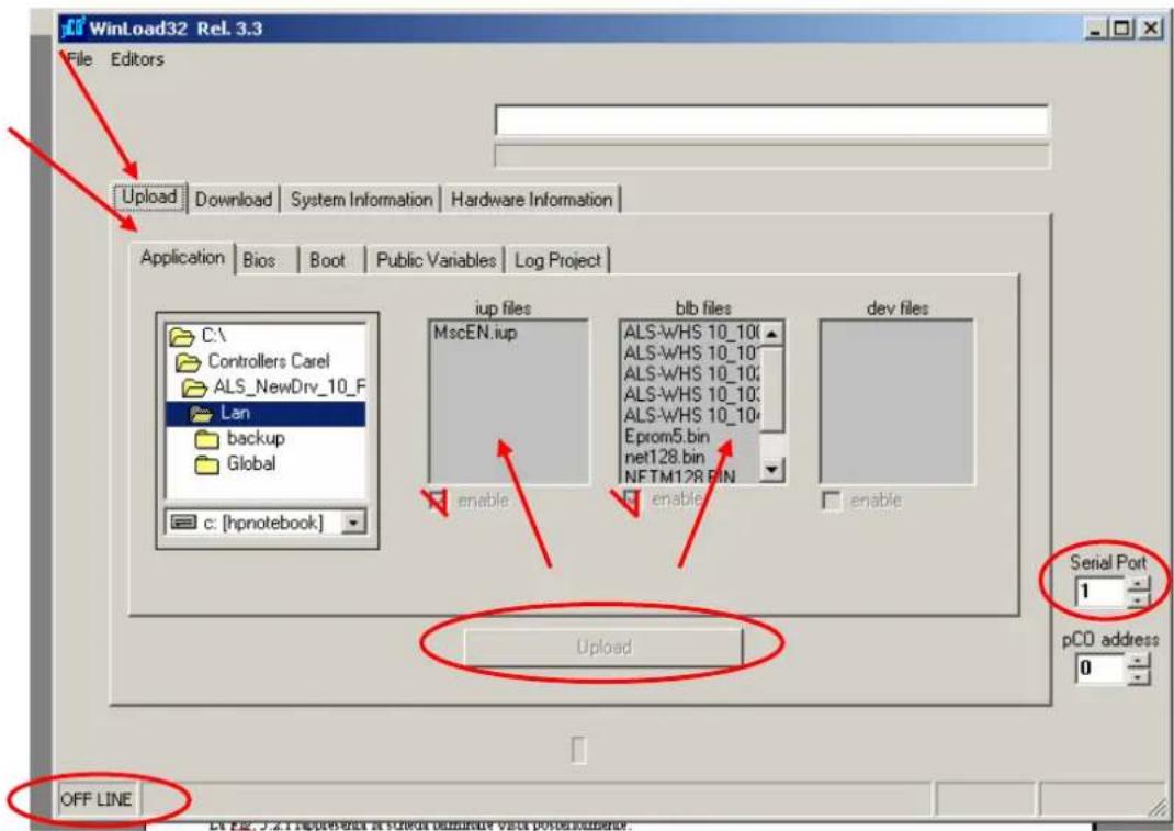 WinLoad32 Rel. 3.3 File Editors Upload Download System Information Hardware Information Application Bios Boot Public Variables Log Project C:\ Controllers Carel ALS_NewDrv_10_F Len backup Global c: [hpnotebook] iup files MscEN.iup blue files ALS-WHS 10_101 ALS-WHS 10_102 ALS-WHS 10_103 ALS-WHS 10_104 Eprom5.bin net128.bin NETM128BIN dev files enable enable enable Upload Serial Port 1 pCO address 0 OFF LINE