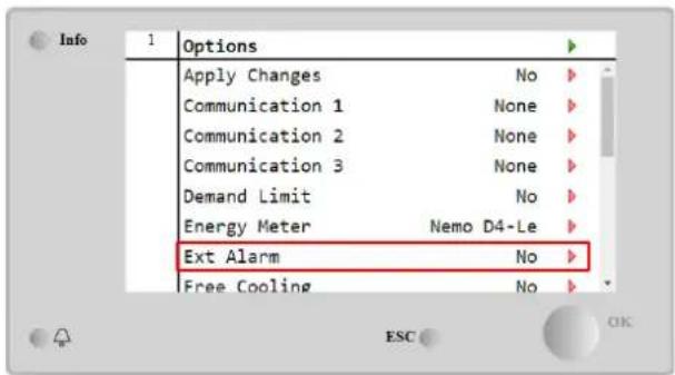 Info 1 Options Apply Changes No Communication 1 None Communication 2 None Communication 3 None Demand Limit No Energy Meter Nemo D4-Le Ext Alarm No Free Cooling No