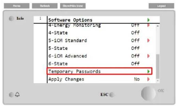 Home Refresh Show(Pide from) Info 1 Software Options 4-Energy Monitoring Off 4-State Off 5-iCM Standard Off 5-State Off 6-iCM Advanced Off 6-State Off Temporary Passwords Apply Changes No ESC OK