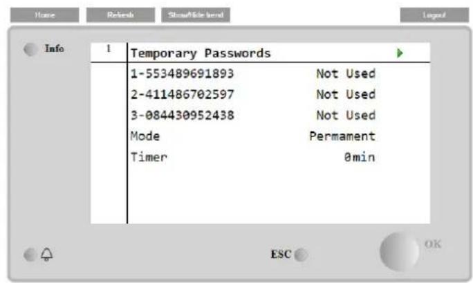 Home Relebs ShowNote level Layout Info 1 Temporary Passwords 1-553489691893 Not Used 2-411486702597 Not Used 3-084430952438 Not Used Mode Permanent Timer 0min ESC OK
