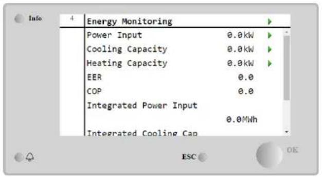 Info 4 Energy Monitoring Power Input 0.0kW Cooling Capacity 0.0kW Heating Capacity 0.0kW EER 0.0 COP 0.0 Integrated Power Input 0.0MWh Integrated Cooling Cap ESC