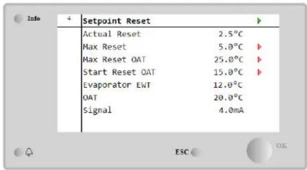 Info 4 Setpoint Reset Actual Reset 2.5°C Max Reset 5.0°C ▶ Max Reset OAT 25.0°C ▶ Start Reset OAT 15.0°C ▶ Evaporator EWT 12.0°C OAT 20.0°C Signal 4.0mA ESC OK