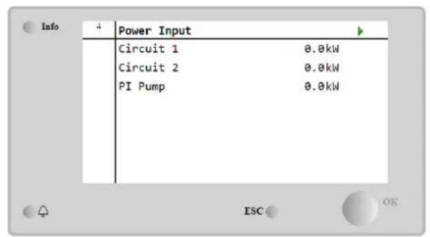 Info 4 Power Input Circuit 1 0.0kW Circuit 2 0.0kW PI Pump 0.0kW ESC OK