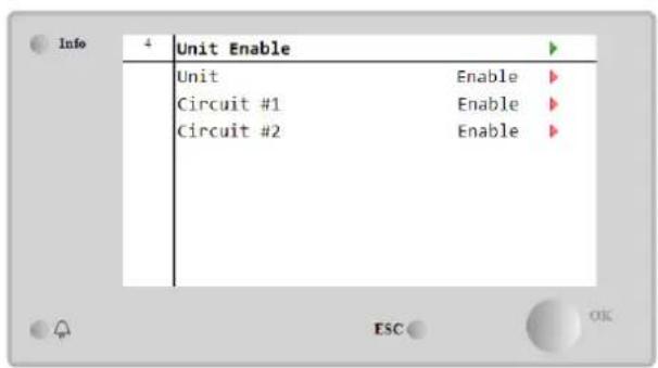 Info Unit Enable Unit Enable ▶ Circuit #1 Enable ▶ Circuit #2 Enable ▶ ESC OK