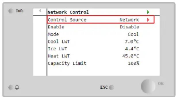 Info 4 Network Control Control Source Network Enable Disable Mode Cool Cool LWT 7.0°C Ice LWT 4.4°C Heat LWT 45.0°C Capacity Limit 100%