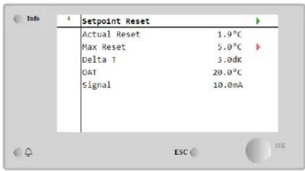 Info Setpoint Reset Actual Reset 1.9°C Max Reset 5.0°C Delta T 3.0dK OAT 20.0°C Signal 10.0mA