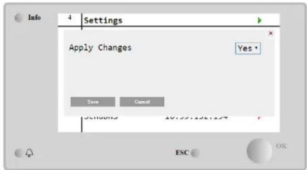 Info 4 Settings Apply Changes Yes * Save Cancel Settings 10:25:136:137 ESC OS
