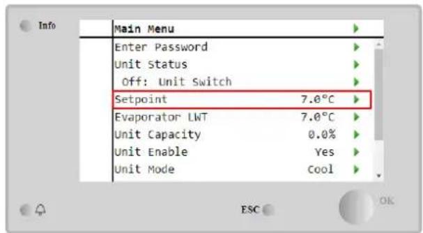 Info Main Menu Enter Password Unit Status Off: Unit Switch Setpoint 7.0°C Evaporator LWT 7.0°C Unit Capacity 0.0% Unit Enable Yes Unit Mode Cool