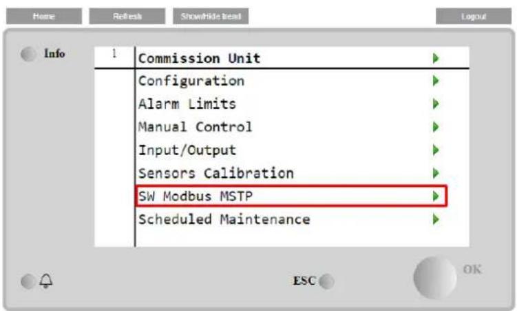 Home Refresh Showhide bread Layout Info 1 Commission Unit Configuration Alarm Limits Manual Control Input/Output Sensors Calibration SW Modbus MSTP Scheduled Maintenance