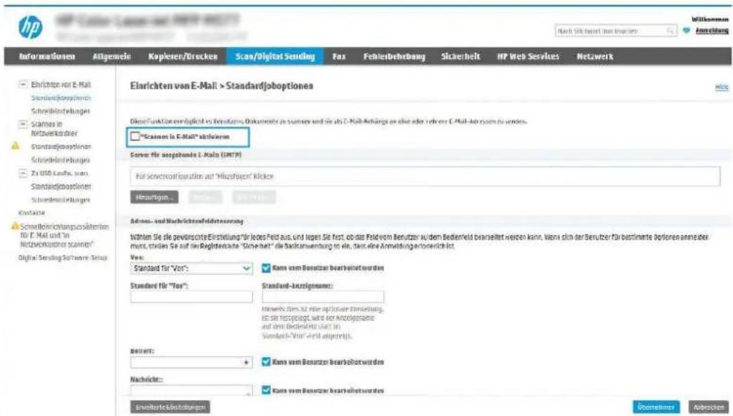 hp Informationen Allgemele Kopkeren/Brucken Scan/Digital Sending Fax FehlerDehrung Sicherheit HP Web Services Network Einzrichten von E-Mail > StandardJoboptiones Diesel-Flussfürverdipfekt es Ernsterums, Dokumente zu stamen und sie als E-Mail-Anhänge an ohne oder mehrere E-Mail-Aktrosien für worden. "Scramen in E-Mail" aktieherum Server für ausgeführten E-Mail (LNTP) Für ServiceConfiguration auf "Hilazshafen" klicker Hiraufigen... Adress- und Nachrichtenfraktionsierung Wöhen Sie die prevorschte Einstellung für leines Feld aus und liepen Sie erst, ob das Feld vom Benutzer au dem Bedienfeld bearaltet werden kann, vierna sich der Benutzer für bestimmte Optionen anneder muss, tristen Sie auf den Registerante "Sicherheit" die Bankantwortung zu wie, dass eine Anmulsung erionericht. Ves: Standard für "Vor": Kana vom Benutzer bearbeitet worden Standard für "Fos": Standard-Leuzigensame: Hirksatz des 30 min. appliquieren Ernsterums. Es sie verzugelegt, wird der Miozijpapiere und ami Bedienfeld vor in Standard-Vor -lei ansprübt. Beizert: Kana vom Benutzer bearbeitet worden Nachricht: Kana vom Benutzer bearbeitet worden Erwirkete-Bildellungen Übernehmen Abbrücken
