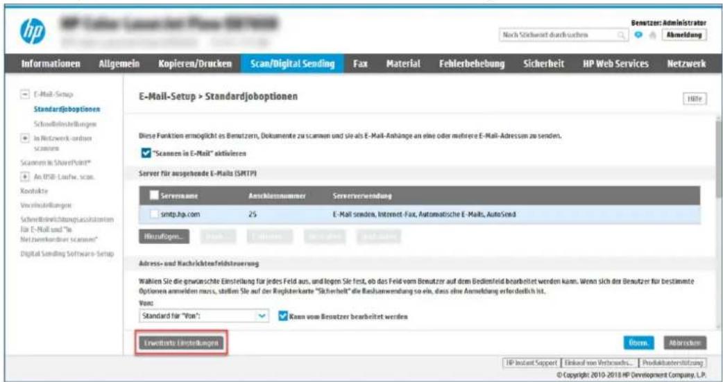 HP E-Mail Setup > Standardjoboptionen Diese Funktion ermöglicht es Benutzern, Dokumente zu scanen und sie als E-Mail-Anhänge an eine oder mehrere E-Mail-Adressen zu senden. "Scannen in E-Mail" aktivieren Server für ausgehende E-Malts (SMTP) Servername Anschlussnummer Serververwendung smtp.hp.com 25 E-Mail senden, Internet-Fax, Automatische E-Malts, AutoSend Hikuzufugen... Address- und Nachrichtenfeldsteuerung Wahlen Sie die gewünschte Einstellung für jedes Feld aus, und legen Sie fest, ob das Feld vom Benutzer auf dem Bedimfeld bearbeitet werden kann. Wenn sich der Benutzer für bestimmte Optionen anmelden muss, ställen Sie auf der Registerkarte "Sücherheit" die Betanwendung so ein, dass eine Anmeldung erfordentlich ist. Von: Standard für "Von"; Kann vom Benutzer bearbeitet werden Erwartete Einstellungen Übrn. Abbrevien HP Instant Support Einkapf von Vertrauchs... Produktunterstützung © Copyright 2010-2018 HP Development Company, L.P.