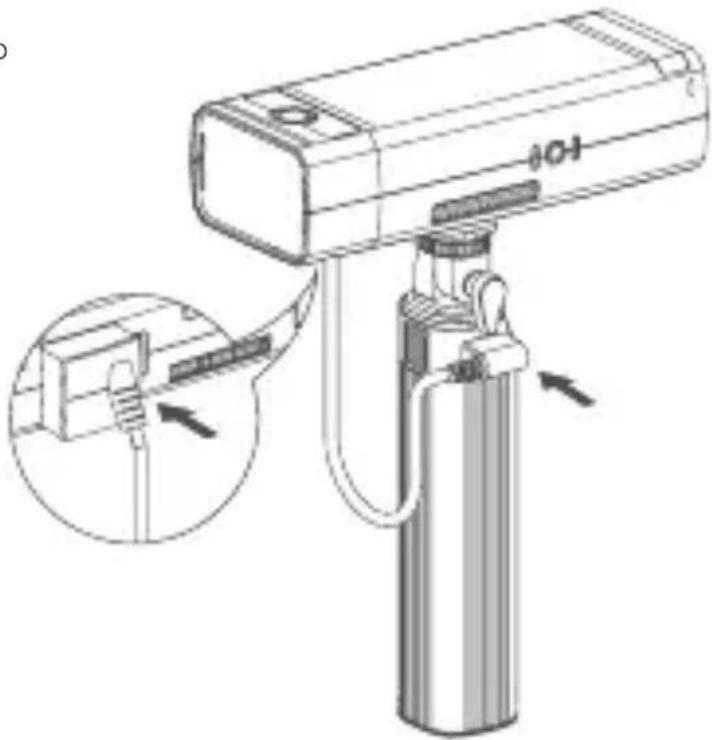 Technical diagram of a handheld air conditioner with labeled component and insertion instructions