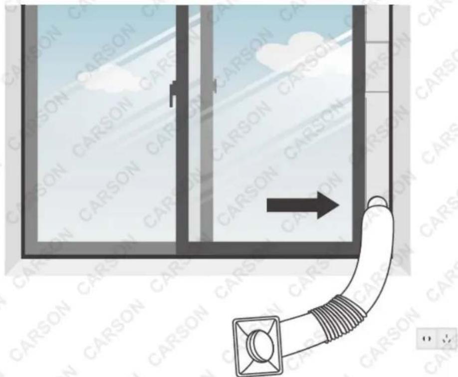 Diagram showing a carson inside a window with a pipe and directional arrow, indicating airflow or movement.