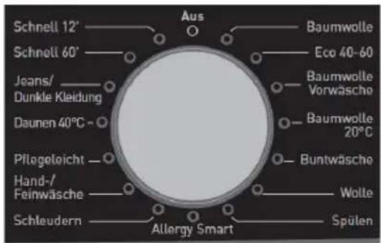 Aus Schnell 12' Schnell 60' Jeans/ Dunkle Kleidung Daunen 40°C Pflegeleicht Hand-/Feinwäsche Schleudern Baumwolle Eco 40-60 Baumwolle Vorwäsche Baumwolle 20°C Buntwäsche Wolte Spülen Allergy Smart